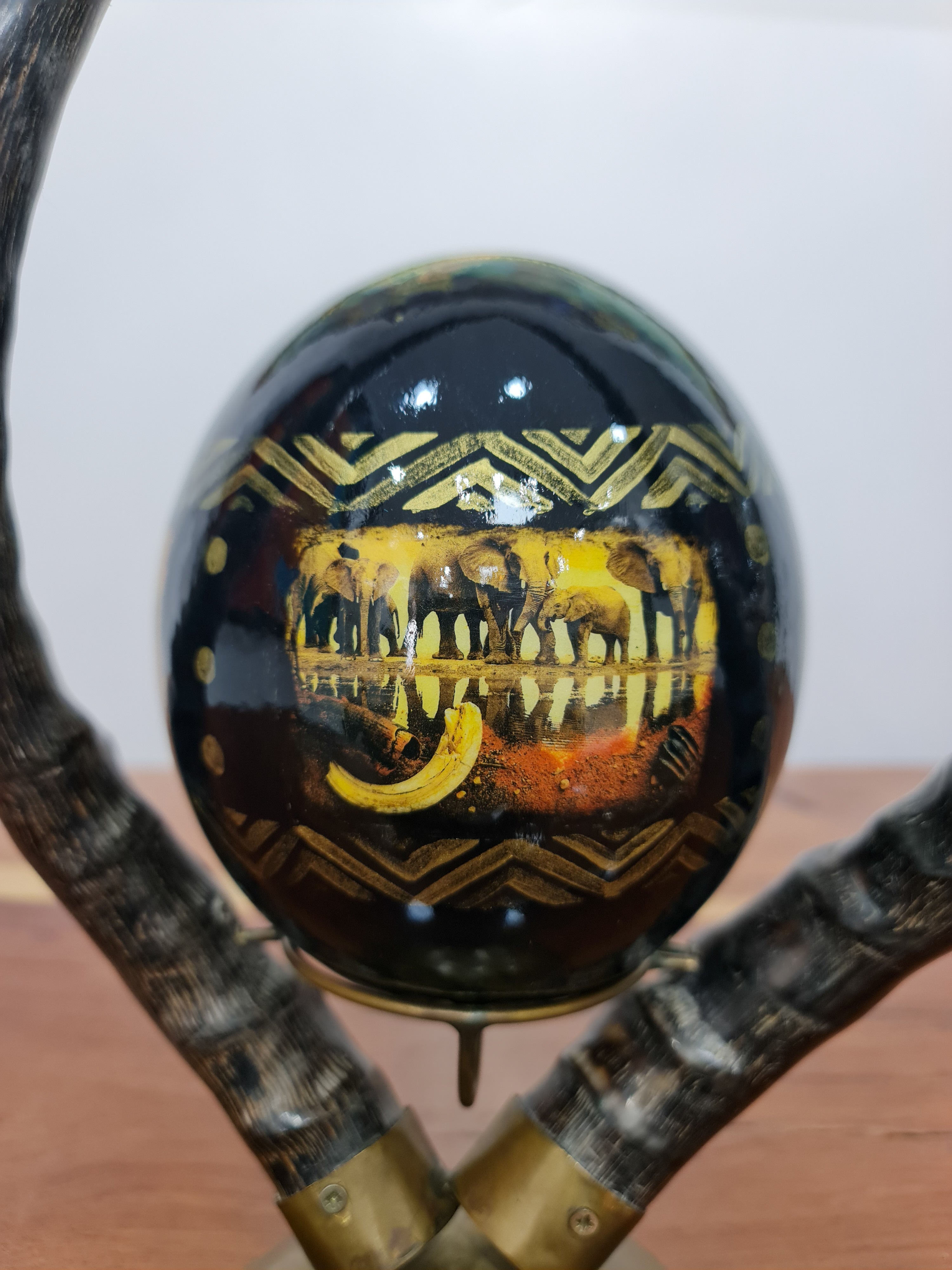 Decoupage Ostrich Egg + Antique Horn Base