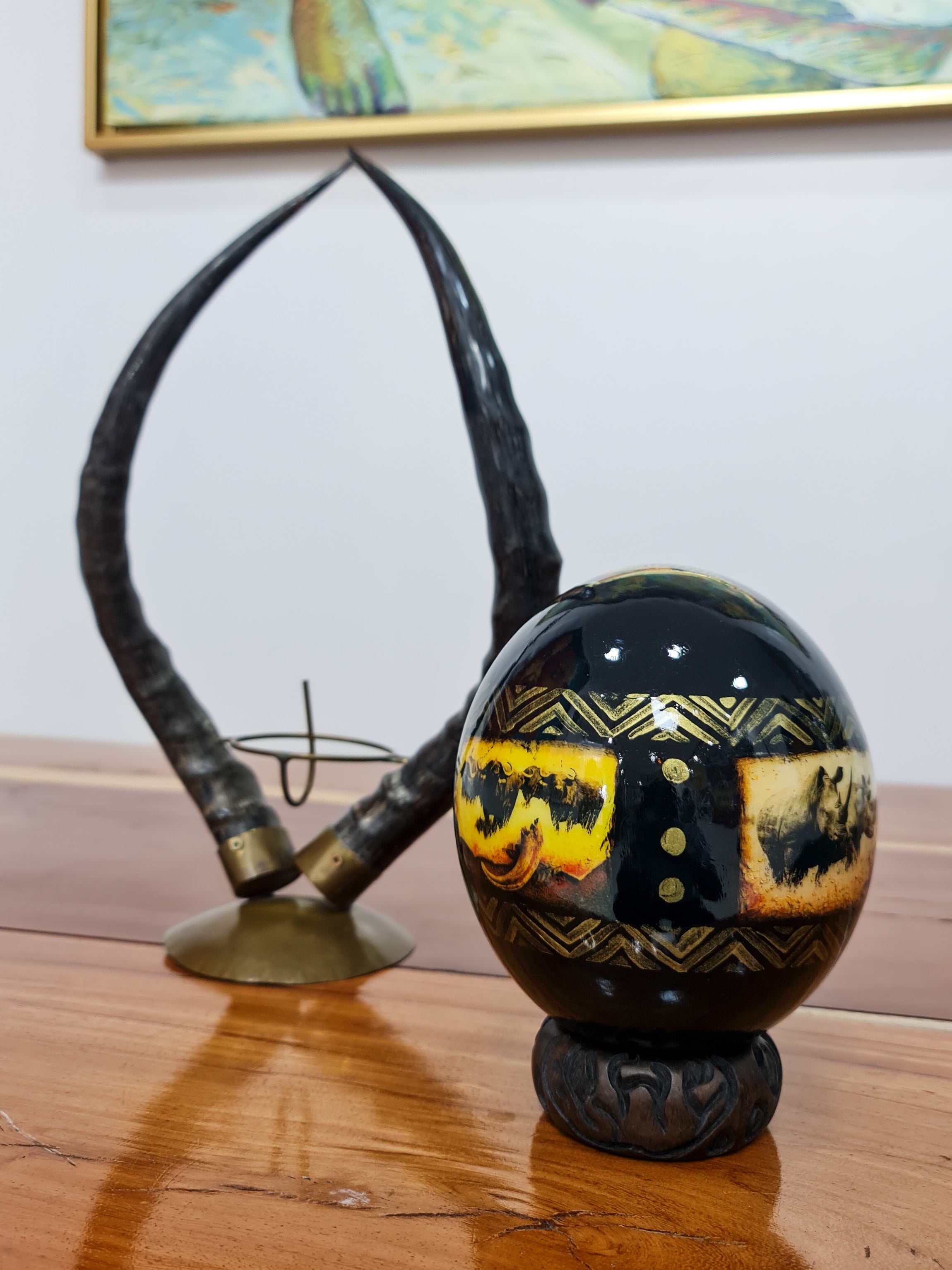 Decoupage Ostrich Egg + Antique Horn Base