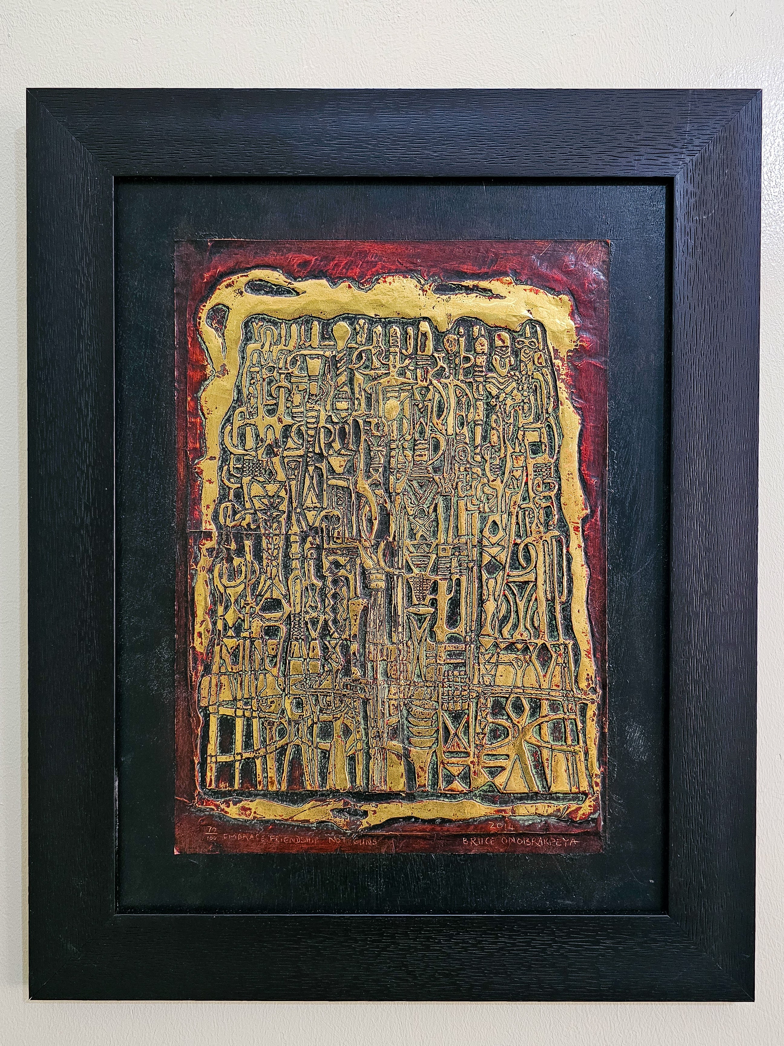 Embrace friendship and not guns 2014 by Bruce Onobrakpeya